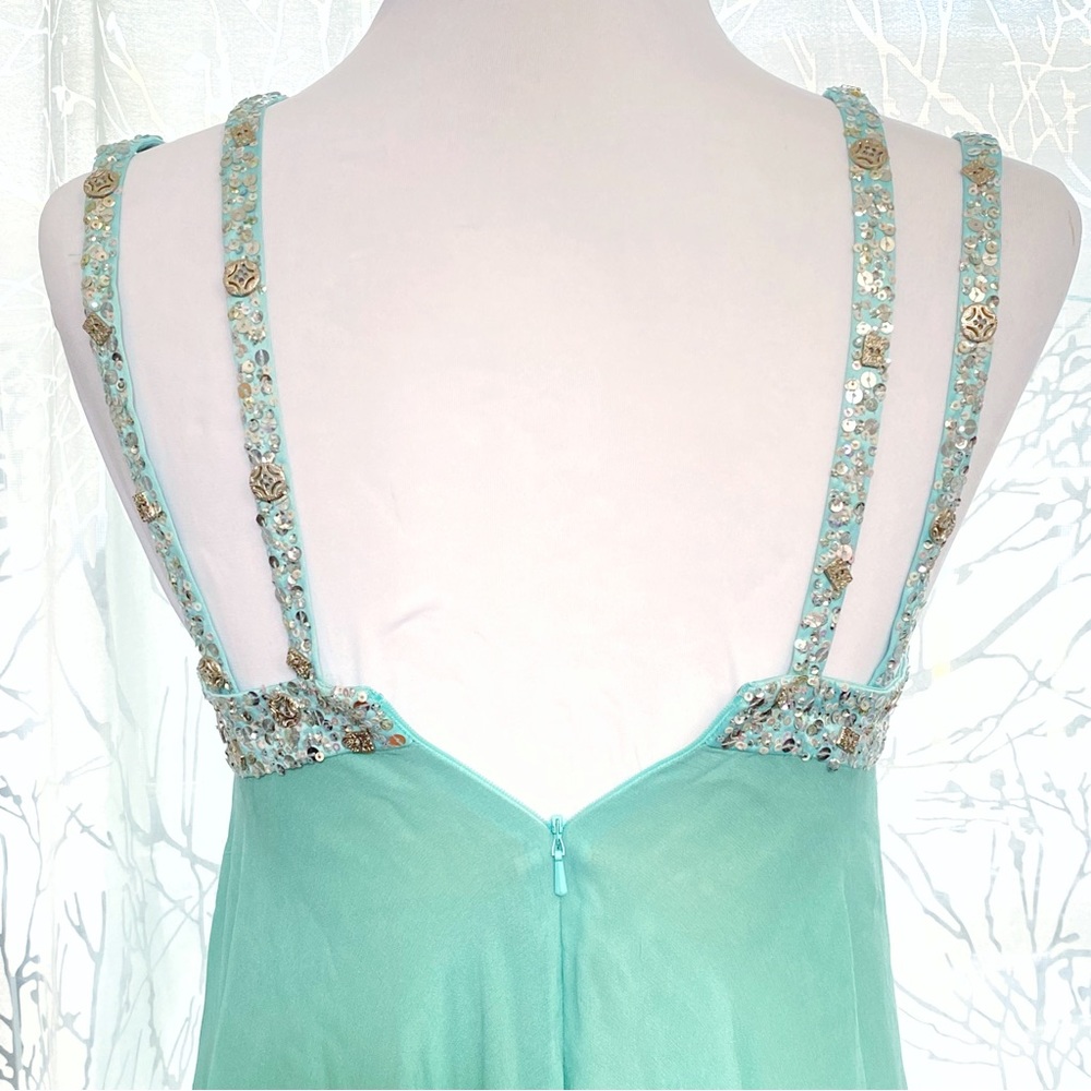 Vintage Mandalay green teal silver sequin beaded sleeveless v-neck silk dress - Picture 6 of 13
